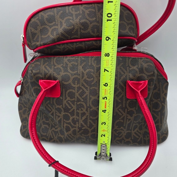 Calvin Klein Monogrammed Dome Satchel Handbag with Matching Pouch Red Accents - Picture 9 of 10